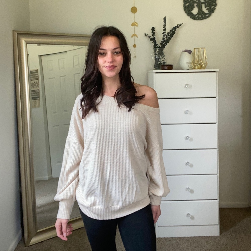 Pink Lily tan off the shoulder light sweater